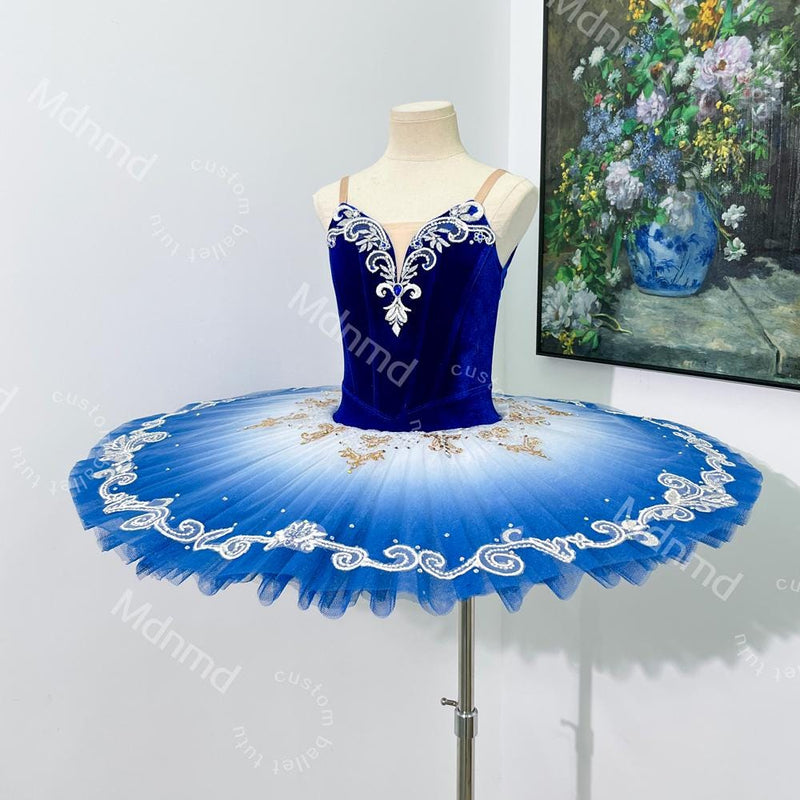 Royal Sapphire Blue Velvet Stretch Ballet Tutu Custom Handmade Dance Costume for Stage & Competition