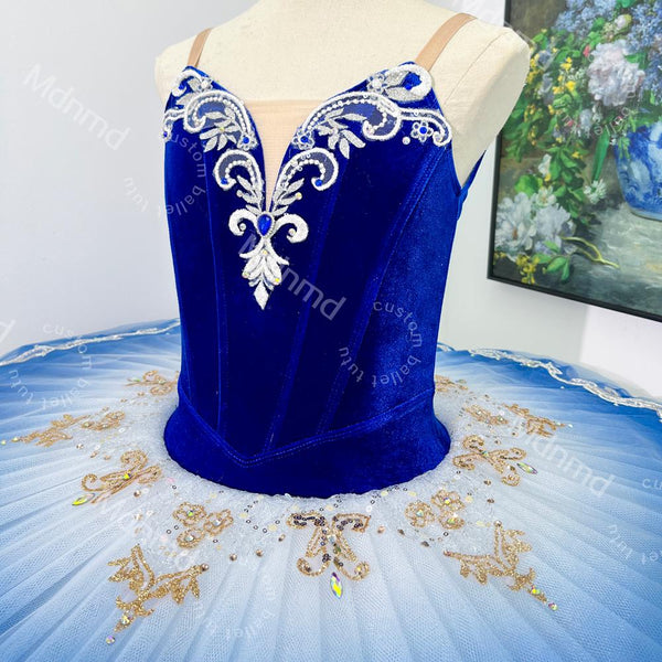 Royal Sapphire Blue Velvet Stretch Ballet Tutu Custom Handmade Dance Costume for Stage & Competition