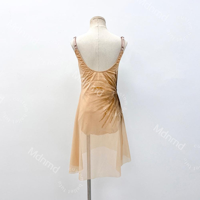 Hand-Dyed Lyrical Dance Dress | Brown Spaghetti Strap Costume, Rhinestone Detail