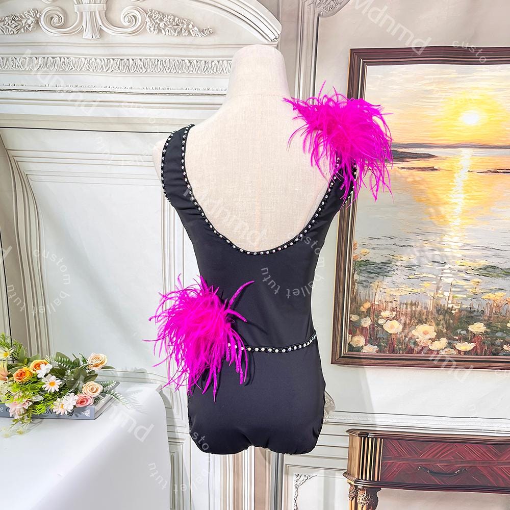 Black Lyrical Solo Dance Dress with Pink Feathers and Rhinestones | Custom Handmade Contemporary Costume