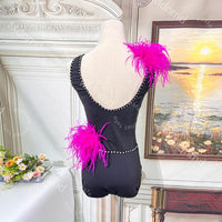 Black Lyrical Solo Dance Dress with Pink Feathers and Rhinestones | Custom Handmade Contemporary Costume