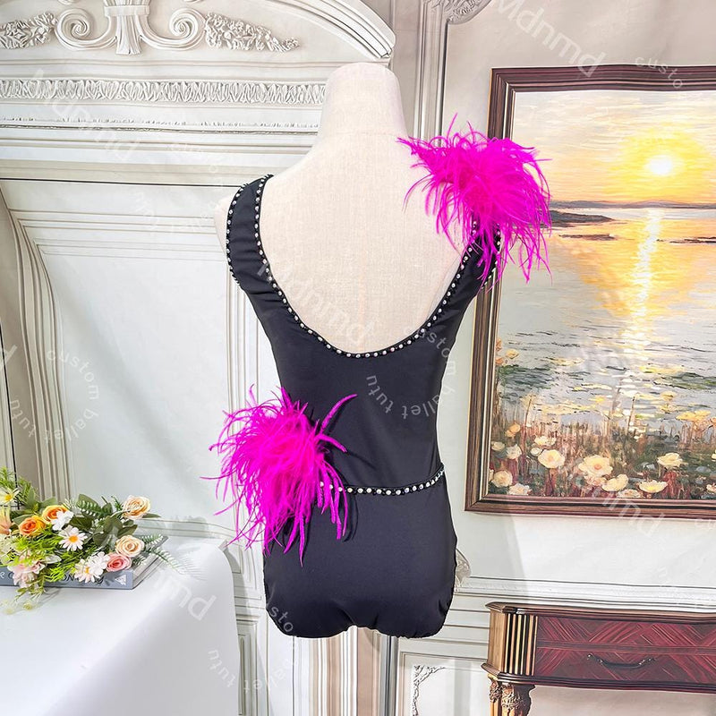 Black Lyrical Solo Dance Dress with Pink Feathers and Rhinestones | Custom Handmade Contemporary Costume