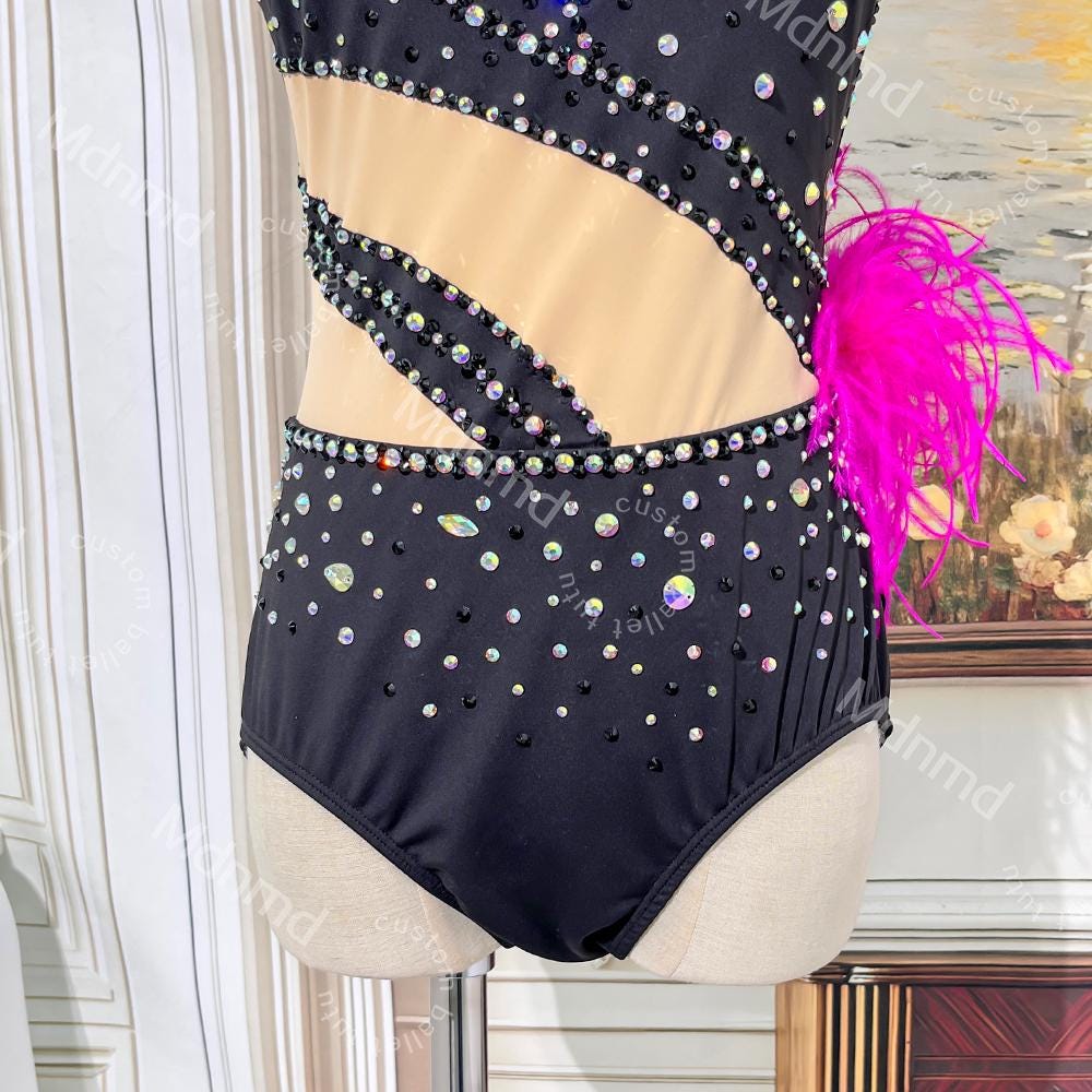 Black Lyrical Solo Dance Dress with Pink Feathers and Rhinestones | Custom Handmade Contemporary Costume