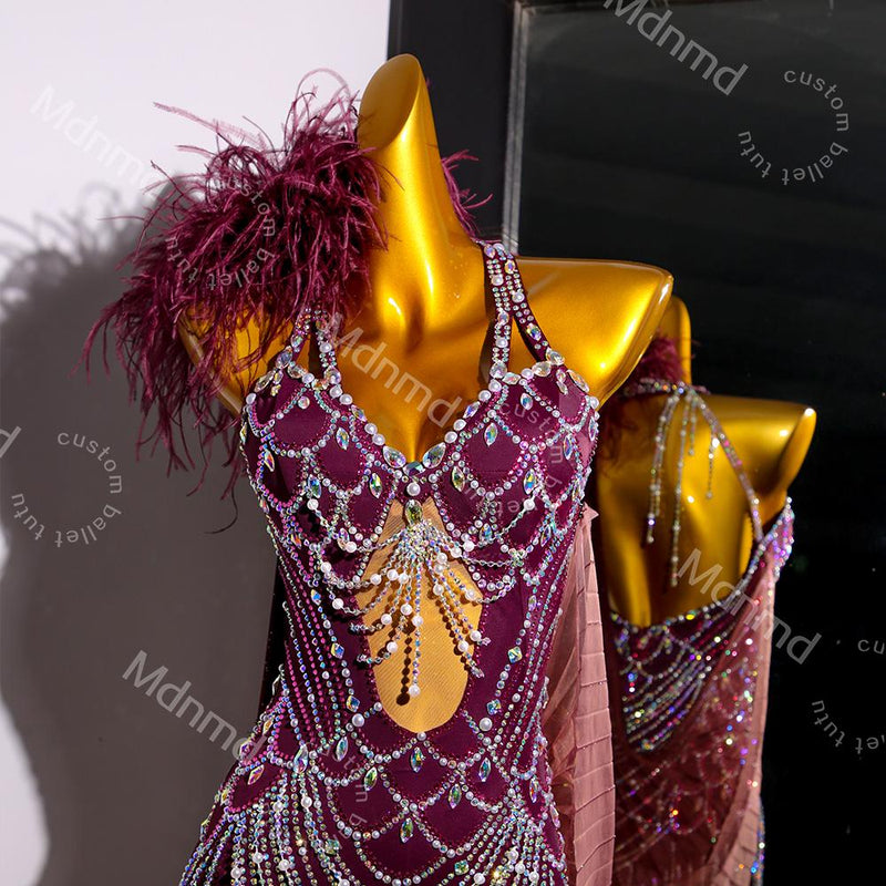 Burgundy Latin Dress with Crystals & Feathers | Handmade Competition Costume | Custom Latin Salsa Cha-Cha Outfit
