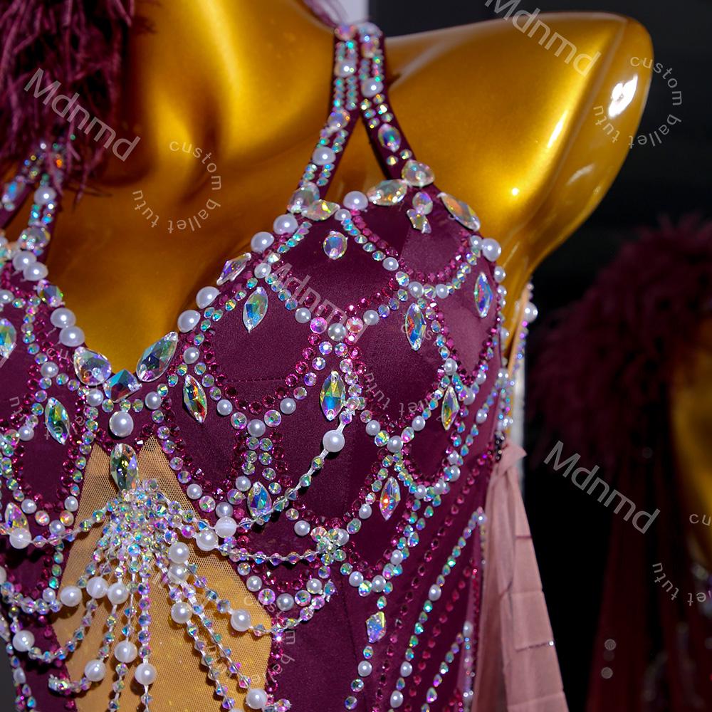 Burgundy Latin Dress with Crystals & Feathers | Handmade Competition Costume | Custom Latin Salsa Cha-Cha Outfit