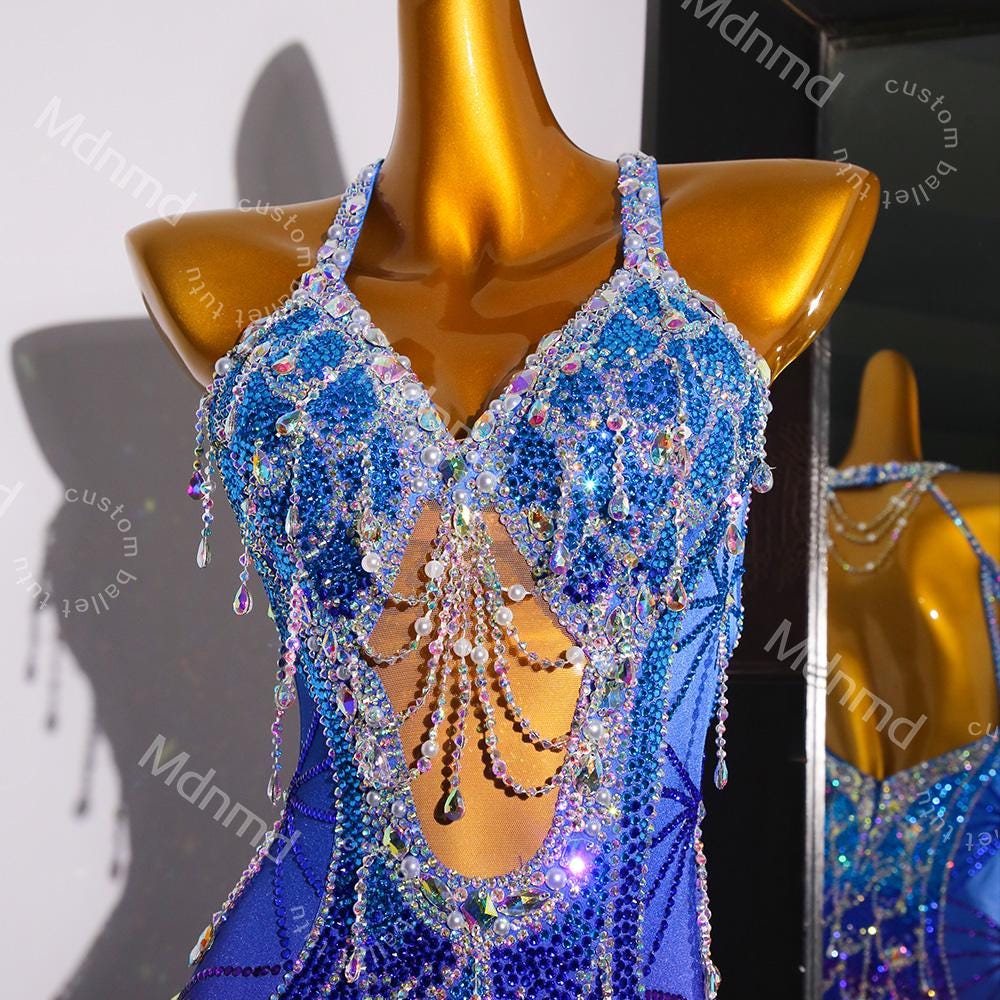 Blue-Purple Gradient Latin Dance Dress - Custom Competition Costume with Beaded Fringe & Open-Back Design