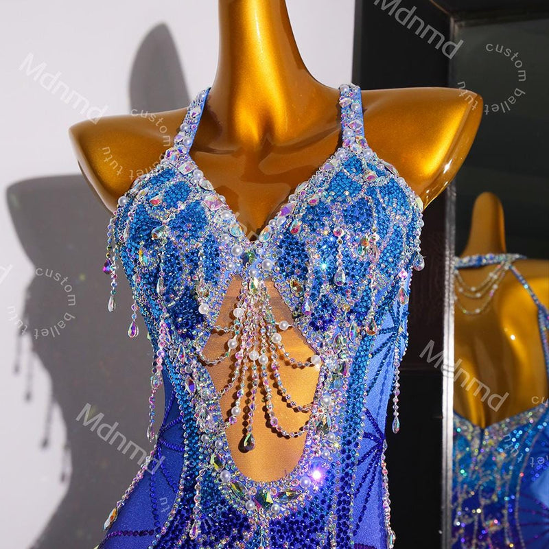 Blue-Purple Gradient Latin Dance Dress - Custom Competition Costume with Beaded Fringe & Open-Back Design