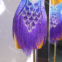 Blue-Purple Gradient Latin Dance Dress - Custom Competition Costume with Beaded Fringe & Open-Back Design