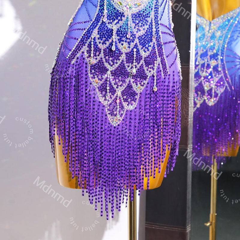 Blue-Purple Gradient Latin Dance Dress - Custom Competition Costume with Beaded Fringe & Open-Back Design