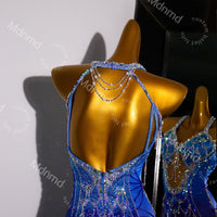 Blue-Purple Gradient Latin Dance Dress - Custom Competition Costume with Beaded Fringe & Open-Back Design