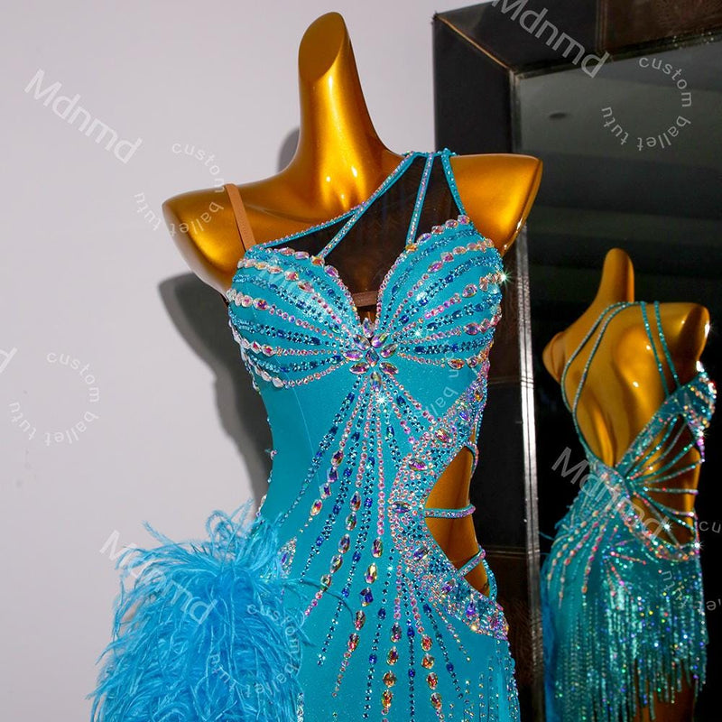 Turquoise Latin Dance Dress with Crystals & Feathers | Custom Handmade Competition Costume | Ballroom / Salsa / Cha-Cha