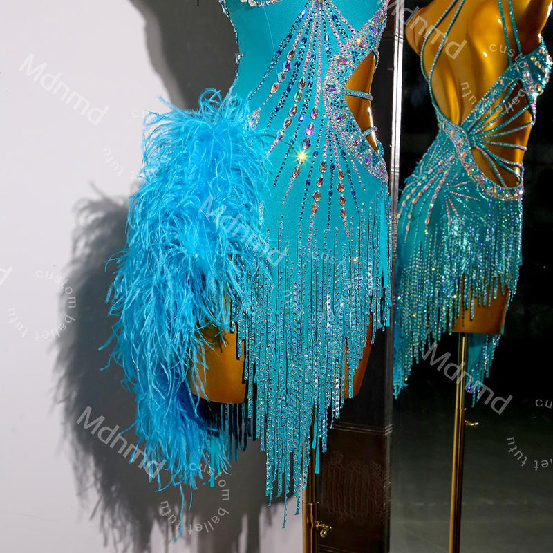 Turquoise Latin Dance Dress with Crystals & Feathers | Custom Handmade Competition Costume | Ballroom / Salsa / Cha-Cha