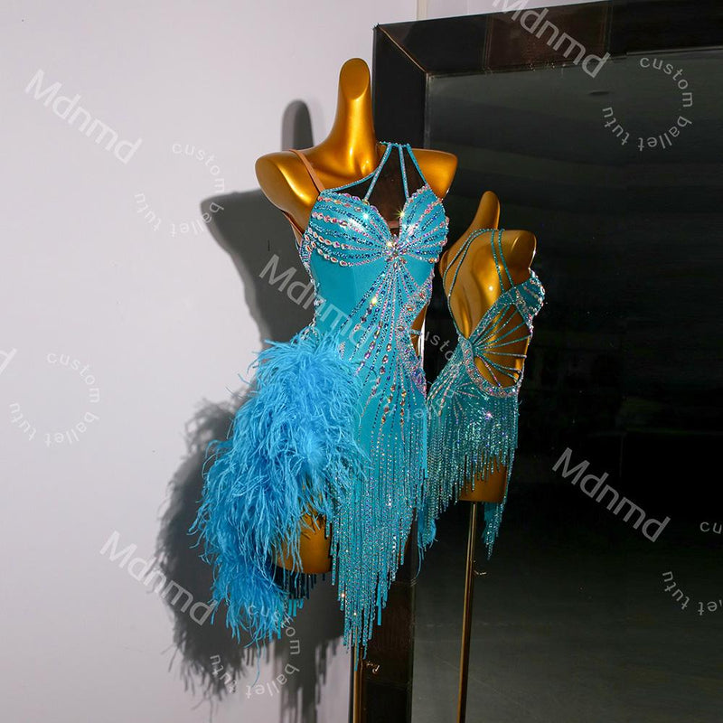 Turquoise Latin Dance Dress with Crystals & Feathers | Custom Handmade Competition Costume | Ballroom / Salsa / Cha-Cha