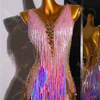 Pink Sequin Fringe Latin Dance Dress | Open Chain-Back Ballroom Costume