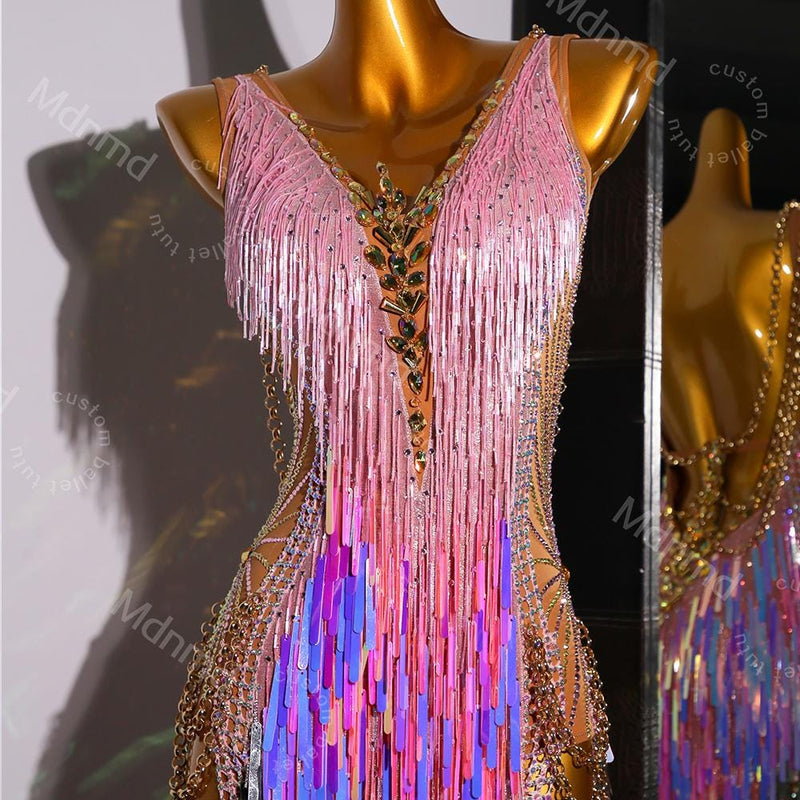 Pink Sequin Fringe Latin Dance Dress | Open Chain-Back Ballroom Costume