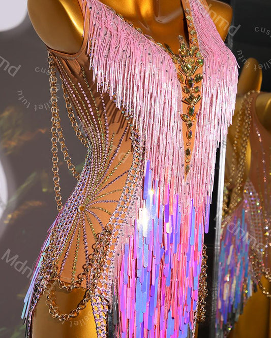 Pink Sequin Fringe Latin Dance Dress | Open Chain-Back Ballroom Costume
