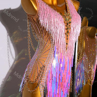 Pink Sequin Fringe Latin Dance Dress | Open Chain-Back Ballroom Costume