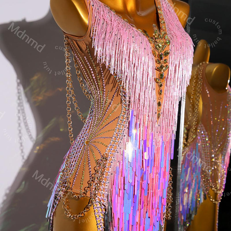 Pink Sequin Fringe Latin Dance Dress | Open Chain-Back Ballroom Costume
