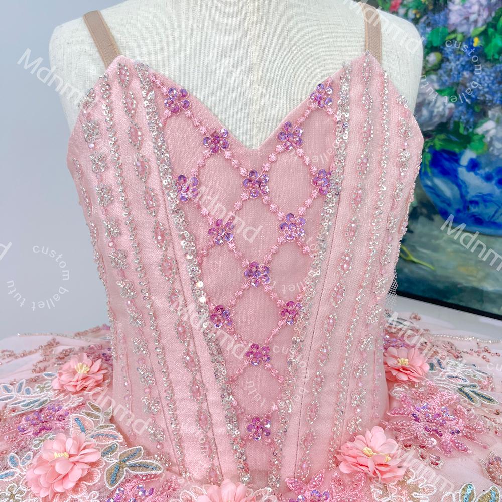 Pink Ballet Tutu | Handmade Classical Pancake Costume, Crystal Flower Appliqu
