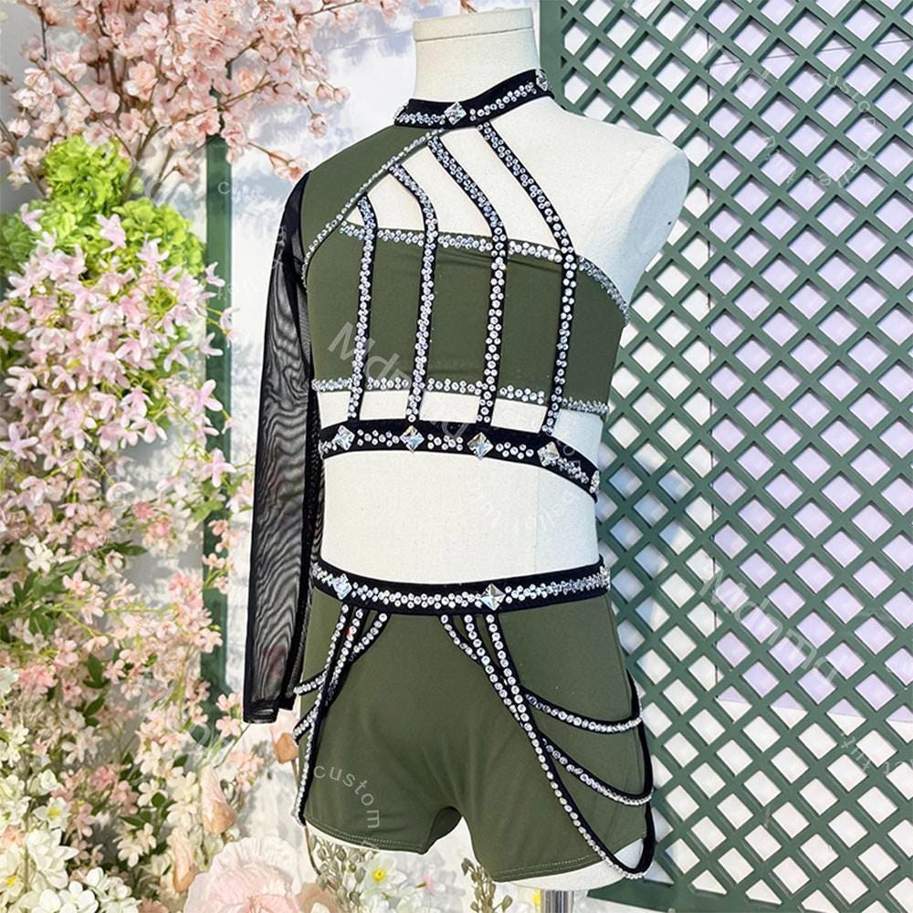 Olive Green Dance Costume with Crystal Cage Design Lyrical Solo Jazz Outfit Custom Handmade