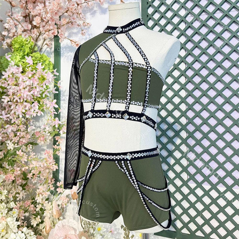 Olive Green Dance Costume with Crystal Cage Design Lyrical Solo Jazz Outfit Custom Handmade