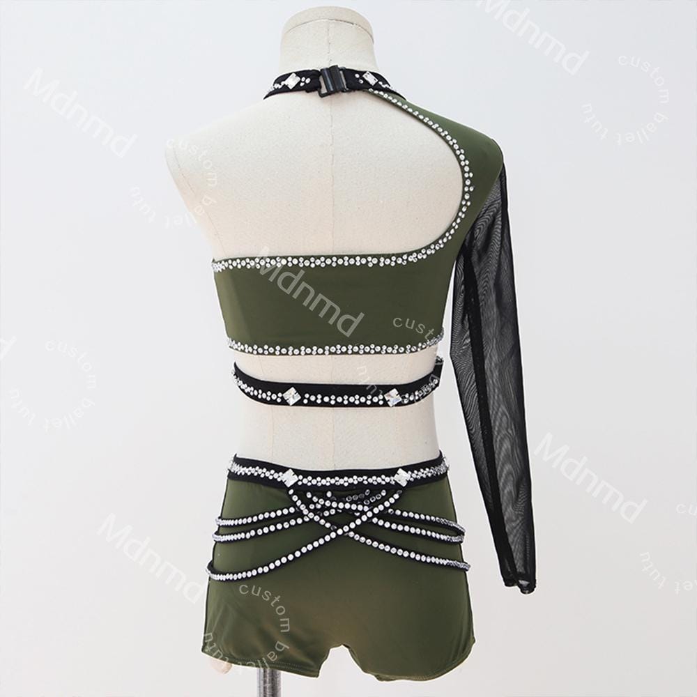 Olive Green Dance Costume with Crystal Cage Design Lyrical Solo Jazz Outfit Custom Handmade