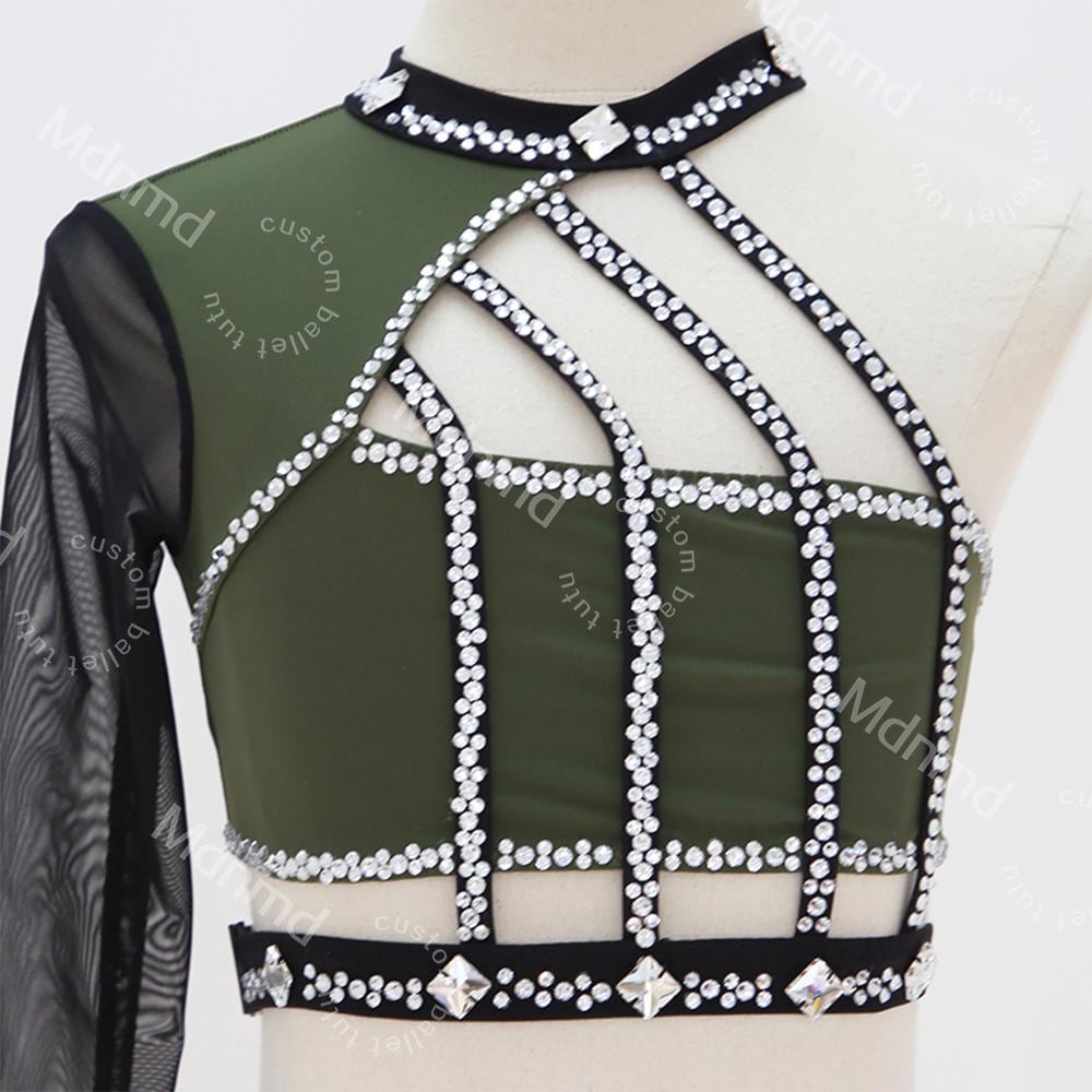 Olive Green Dance Costume with Crystal Cage Design Lyrical Solo Jazz Outfit Custom Handmade