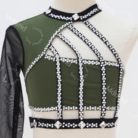 Olive Green Dance Costume with Crystal Cage Design Lyrical Solo Jazz Outfit Custom Handmade