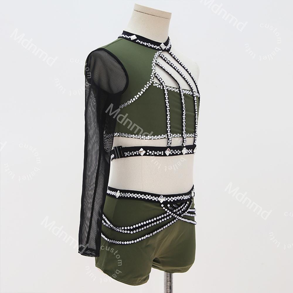 Olive Green Dance Costume with Crystal Cage Design Lyrical Solo Jazz Outfit Custom Handmade