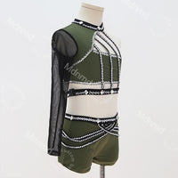 Olive Green Dance Costume with Crystal Cage Design Lyrical Solo Jazz Outfit Custom Handmade