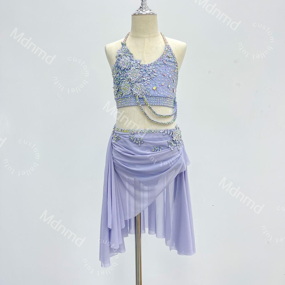 Custom Handmade Violet Freestyle Solo Lyrical Dance Costume with PearlDazzle Crystal Embellishments Contemporary Costume