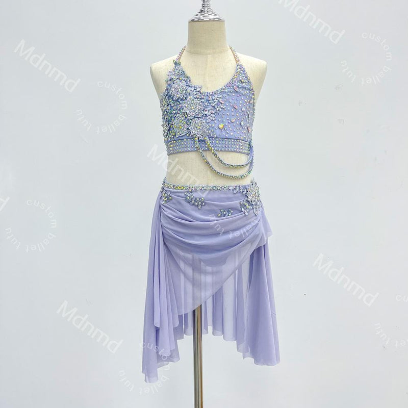 Custom Handmade Violet Freestyle Solo Lyrical Dance Costume with PearlDazzle Crystal Embellishments Contemporary Costume