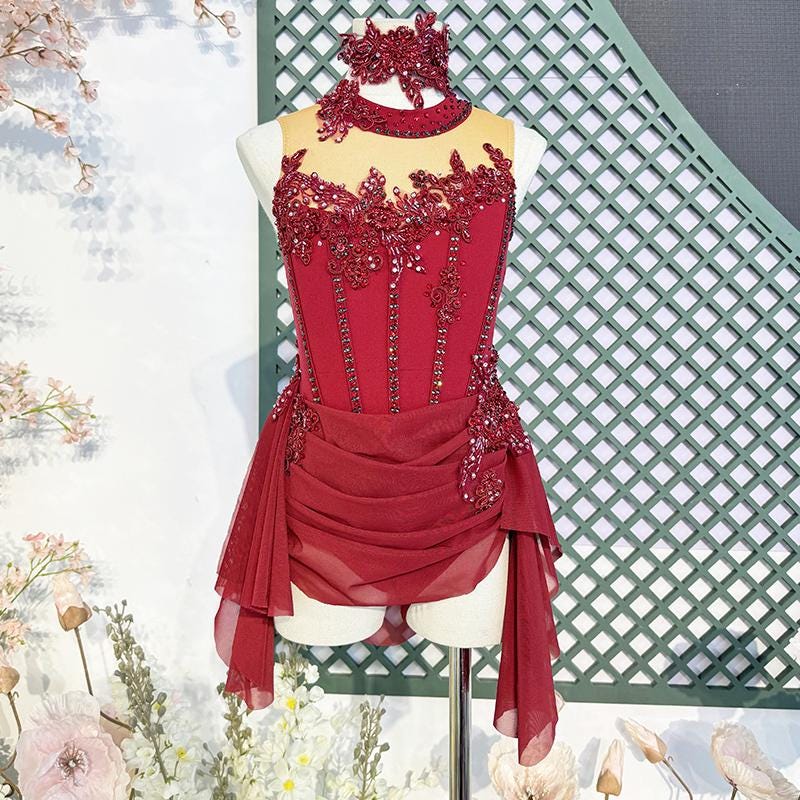 Custom Contemporary Costume Red Lyrical Dance Costume: Pearl & Crystal Embellished Performance Dress