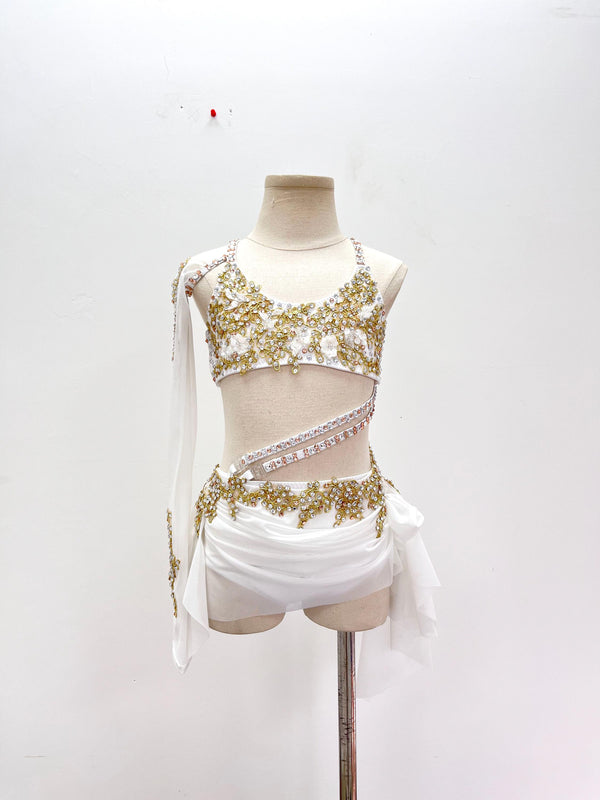 Handmade Lyrical Dance Costume: Gold Appliques, Crystals & Chains,Contemporary Costume