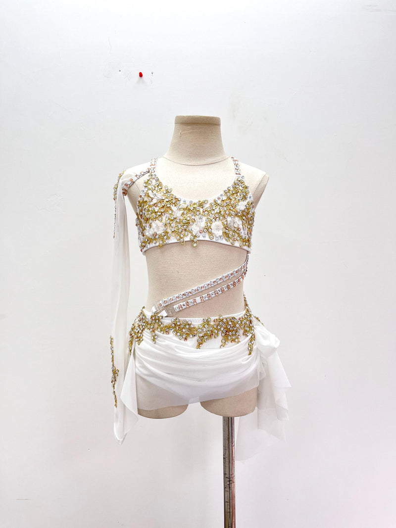Handmade Lyrical Dance Costume: Gold Appliques, Crystals & Chains,Contemporary Costume