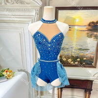 Handmade Rhinestone Lyrical Dance Costume - Blue Shimmer Mesh, Custom Solo Dress
