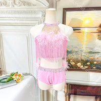 Pink Feather Sequin Fringe Lyrical Dance Costume | Custom Ballet Competition Outfit