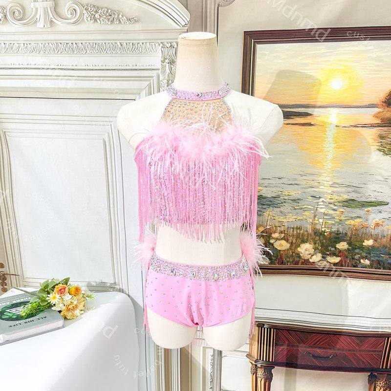 Pink Feather Sequin Fringe Lyrical Dance Costume | Custom Ballet Competition Outfit