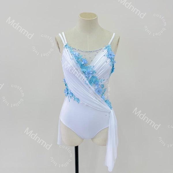 Custom Contemporary Costume Lyrical Dance Costume: White & Blue Floral Diamond Dress Handmade