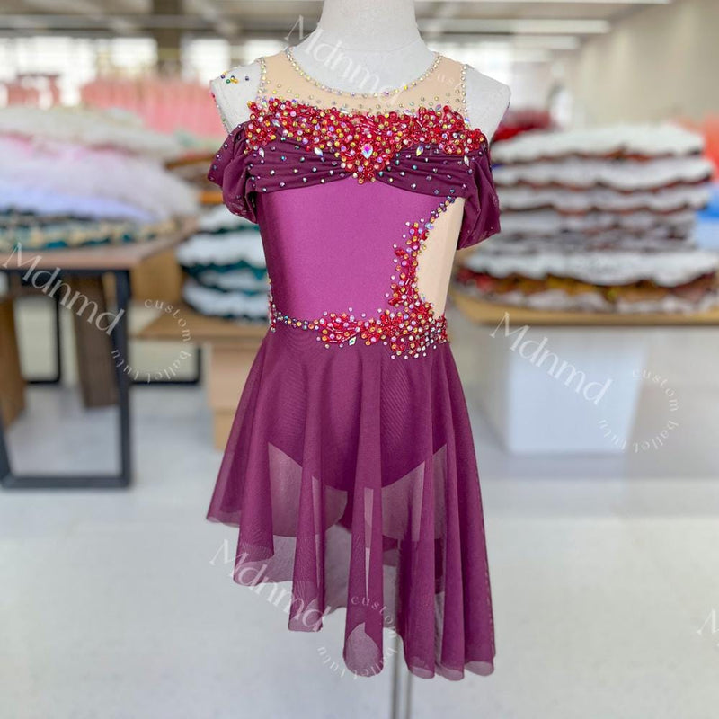 Custom Handmade Contemporary Costume Burgundy Freestyle Solo Lyrical Dance Costume Dancewear with Crystal Embellishments