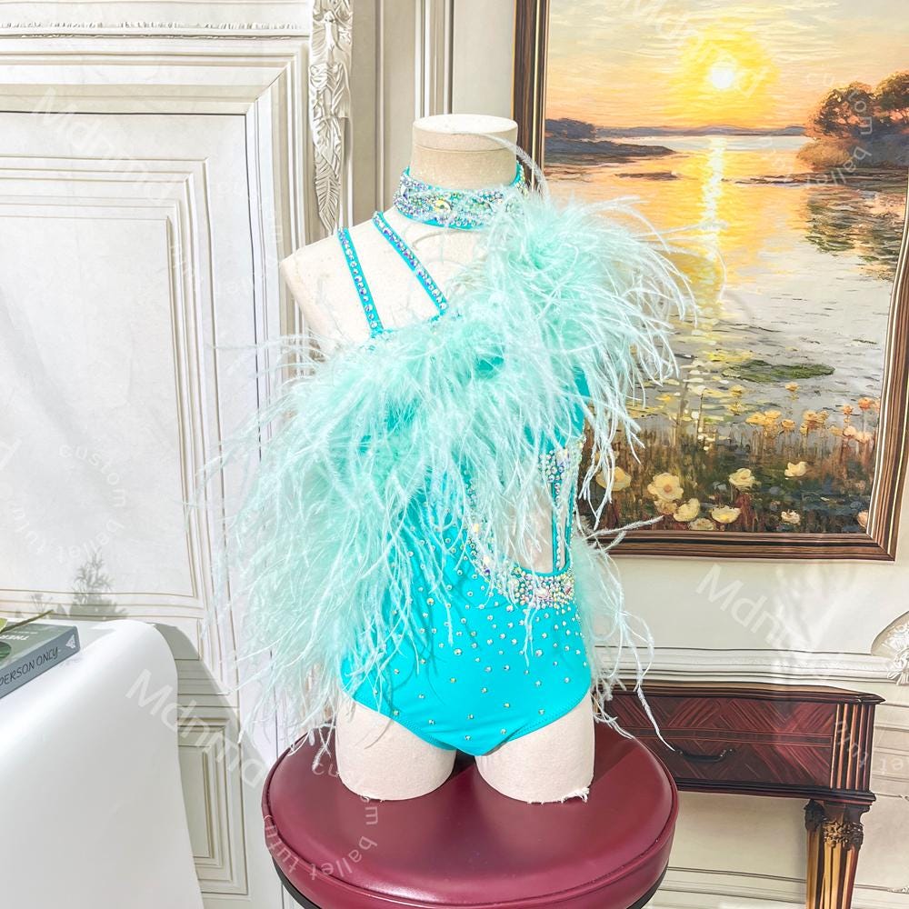 Handmade Sky-Blue Contemporary Costume Lyrical Solo Dance Costume with Crystals and Turkey Feathers