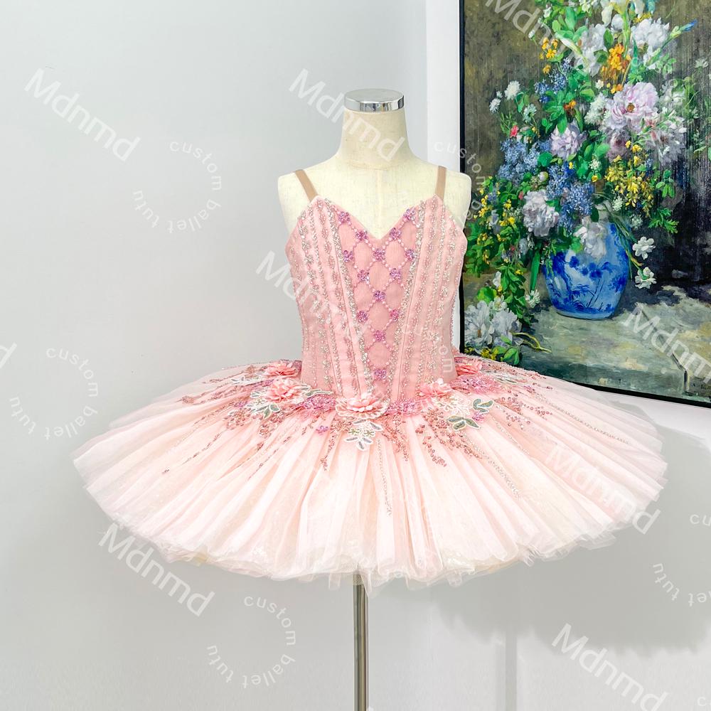 Pink Ballet Tutu | Handmade Classical Pancake Costume, Crystal Flower Appliqu