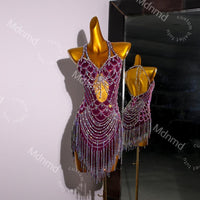 Burgundy Latin Dress with Crystals & Feathers | Handmade Competition Costume | Custom Latin Salsa Cha-Cha Outfit