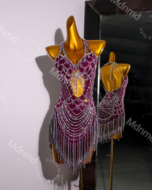 Burgundy Latin Dress with Crystals & Feathers | Handmade Competition Costume | Custom Latin Salsa Cha-Cha Outfit