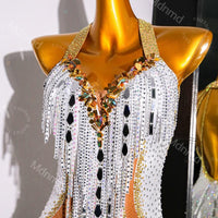 Handmade White & Gold Crystal Fringe Latin Dance Dress