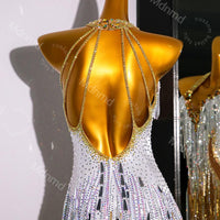Handmade White & Gold Crystal Fringe Latin Dance Dress