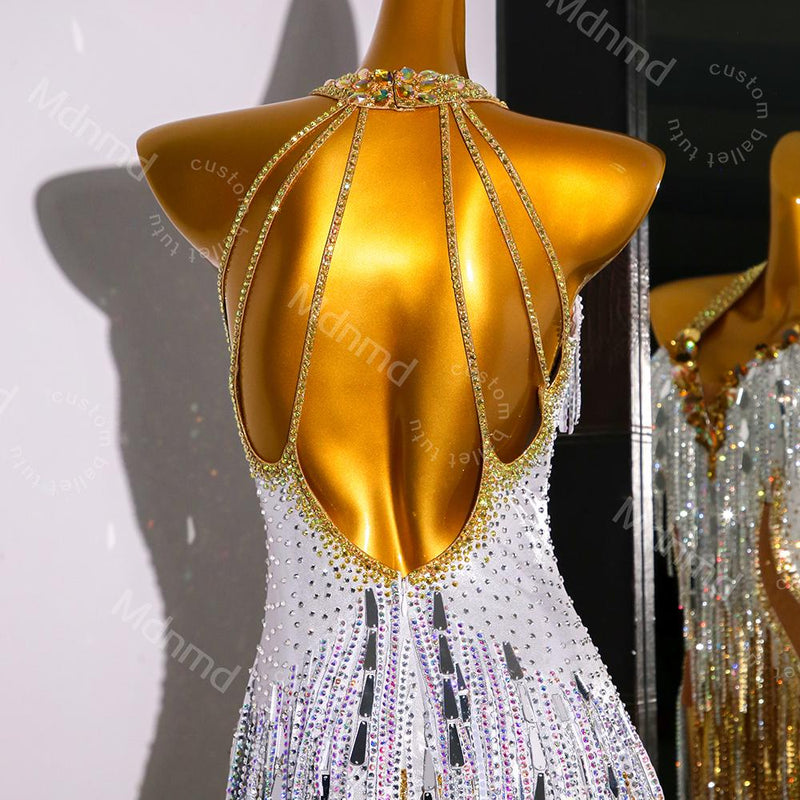 Handmade White & Gold Crystal Fringe Latin Dance Dress