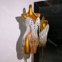 Handmade White & Gold Crystal Fringe Latin Dance Dress