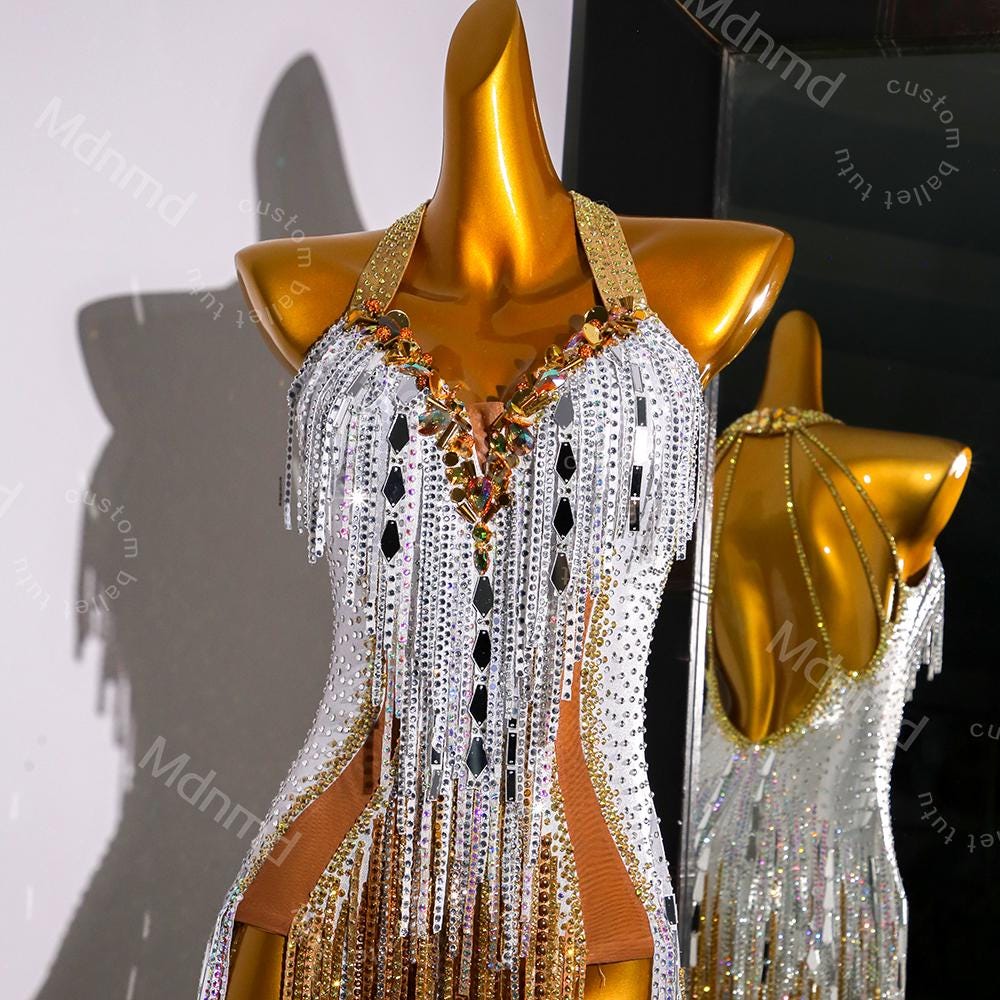 Handmade White & Gold Crystal Fringe Latin Dance Dress