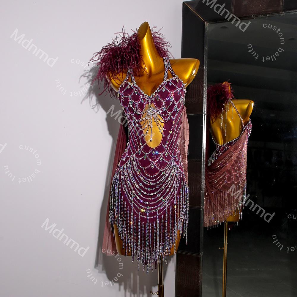 Burgundy Latin Dress with Crystals & Feathers | Handmade Competition Costume | Custom Latin Salsa Cha-Cha Outfit